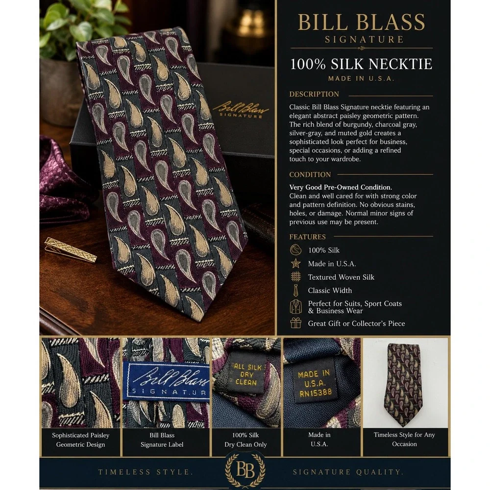 Bill Blass Signature 100% Silk Men's Tie Burgundy Gray Gold Paisley Geometric